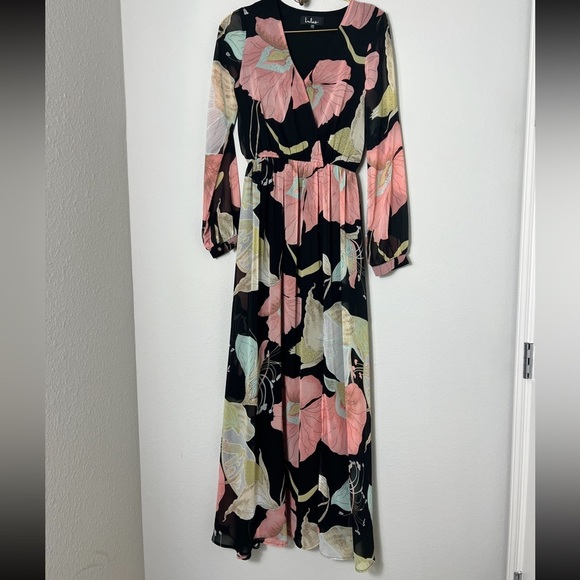 EUC Lulus Wondrous Water Lilies Black Floral High Slit Print Maxi Dress Size XS - Picture 8 of 16